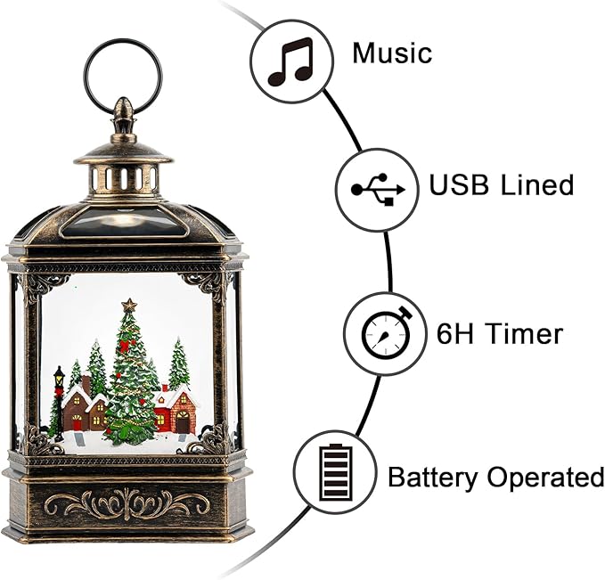 Christmas Village Snow Globe Lantern Musical Lighted Village House Water Lantern in Swirling Glitter, Christmas Home Decoration and Gift, Battery Operated or USB Powered