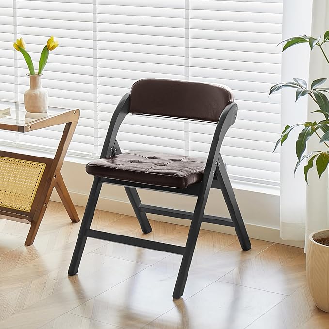 Padded Folding Chairs Set of 2, Wooden Dining Chair, Stackable Wooden Foldable Chair, Wood Folding Chairs with Cushion for Wedding, Guests Kitchen, Office, Party, Picnic Chair (Black Brown)