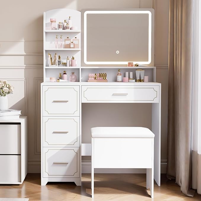 Vanity Table with LED Mirror & Power Outlet - 5 Open Shelves, 4 Drawers - Includes Padded Stool - Ideal Bedroom Makeup Dressing Table (White)