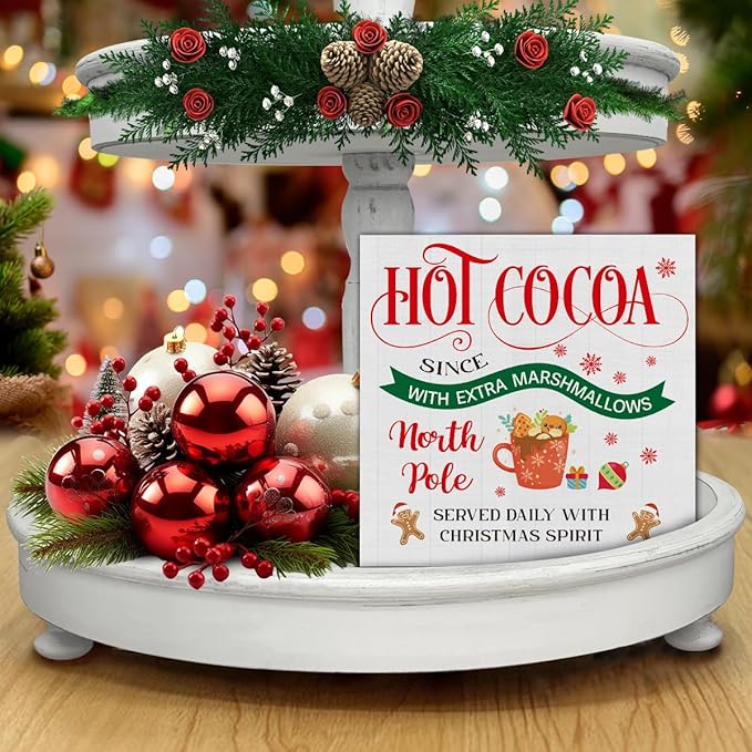 Christmas Decorations Indoor Home Decor, Hot Cocoa Wooden Sign, Gingerbread Wooden Block Sign, Christmas Decor for Table Shelf 5 x 5 Inch
