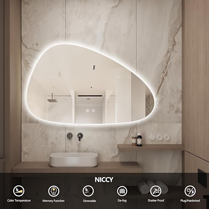 Niccy Irregular LED Bathroom Mirror, 24"x40" Asymmetrical Backlit Vanity Wall Mirrors, Frameless Lighted Mirrors for Bedroom, Living Room, Modern Smart-Mirror with Anti-Fog, Dimmable, Memory Function
