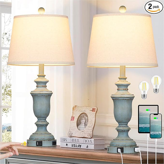25.6" Coastal Table Lamps Set of 2 with USB C+A Ports & AC Outlet for Rustic Living Room Retro Bedroom,3-Way Dimmable Touch Lamp Bedside Lamps for Nightstand Side End Table,Retro Blue