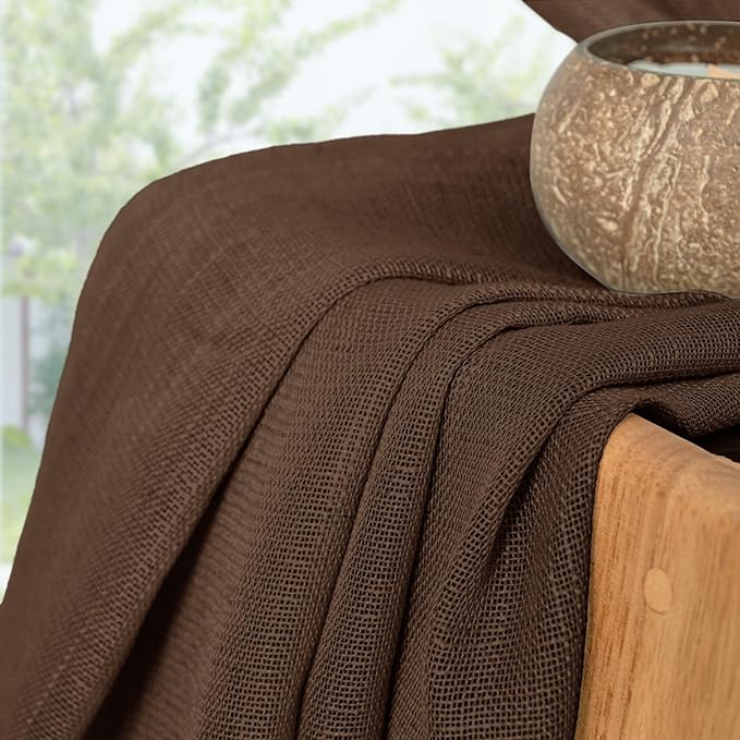 YoungsTex Short Linen Semi Sheer Curtains 40 Inch Length for Kitchen Window - Chocolate Brown Light Filtering Drapes with Rod Pocket Back Tab for Cafe Bathroom Window, 2 Panels, 34 X 40 Inch