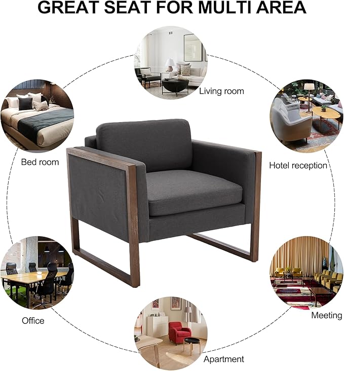 Kmax Modern Accent Chairs Set of 2, Charcoal Fabric Upholstered Club Chair, Comfy Arm Reception Chairs Living Room Chair for Hotel Conference, Walnut Wood