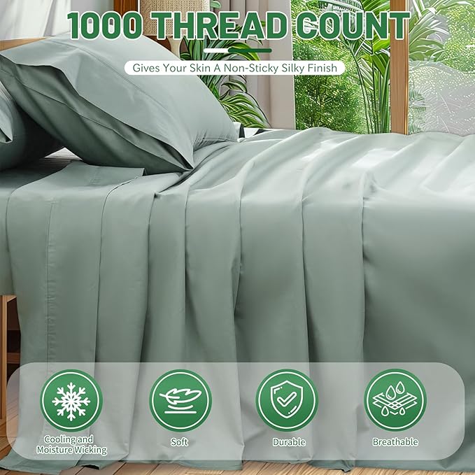 1000 Thread Count Egyptian Cotton Sheets Queen Size Set 4PCS Sateen Weave Soft Breathable 16-Inch Deep Pocket(Queen,Sage Green)