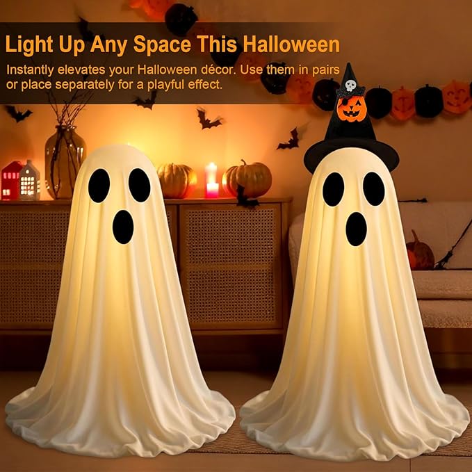 2Pack Halloween Decorations Ghosts, Light Up Ghosts Decorations with Witch Hat & String Lights, LED Glowing Ghosts for Kitchen Room Office Home Fireplace, Party Halloween Decor Indoor Easy Assemble
