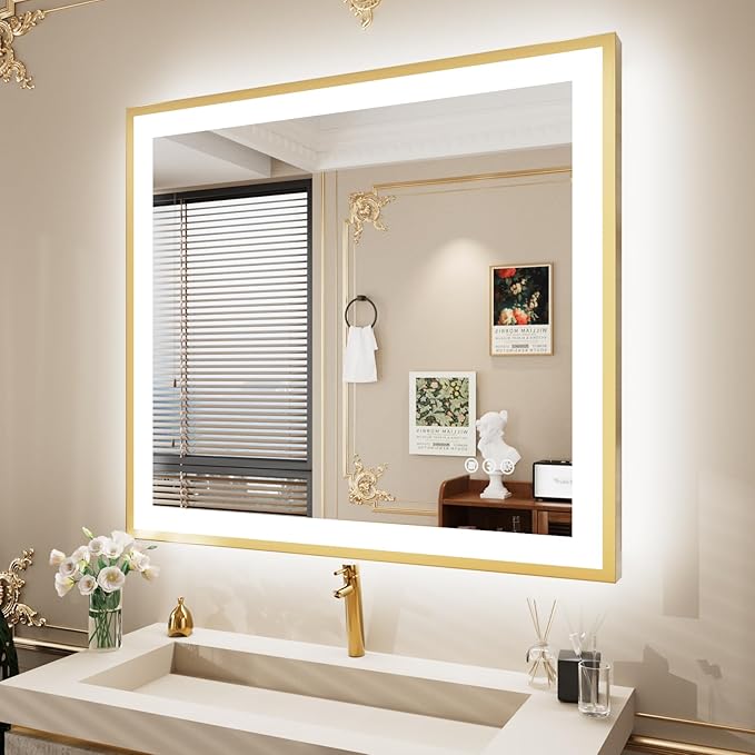 40x36 LED Mirror for Bathroom with Gold Frame, Backlit and Front Lighted Bathroom Mirrors for Wall, Stepless Dimmable Vanity Mirror with Lights, Anti-Fog, Memory,Shatterproof