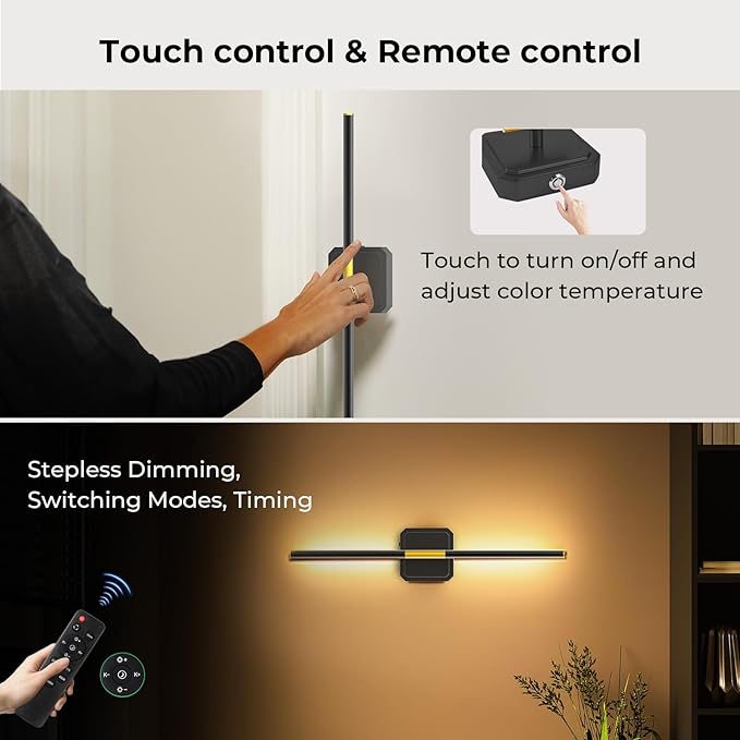 10000mAh Battery Operated Wall Sconce Detachable, Wireless Wall Lamp 3000-6500K Dimmable, Rechargeable Wall Light for Bedroom, Living Room, 28.3" Black Gold (4 Pack)