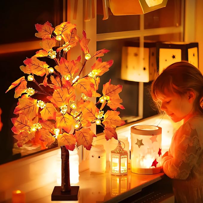 2 Pack 24 Inch Lighted Fall Maple Tree for Fall Decorations with 48 LED Timer Battery Operated Artificial Fall Light up Trees for Home Indoor Outdoor Autumn Harvest Thanksgiving Table Decor