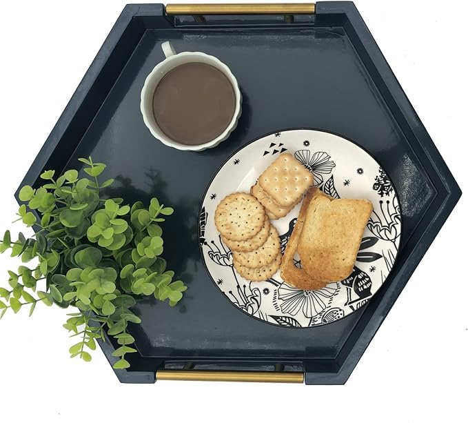 Serving Tray with Polished Metal Handles, Hexagon Coffee Table Tray, Modern Rectangle Decorative Tray, Large Ottoman Tray, Perfect for Storage and Display (Blue Hexagon)