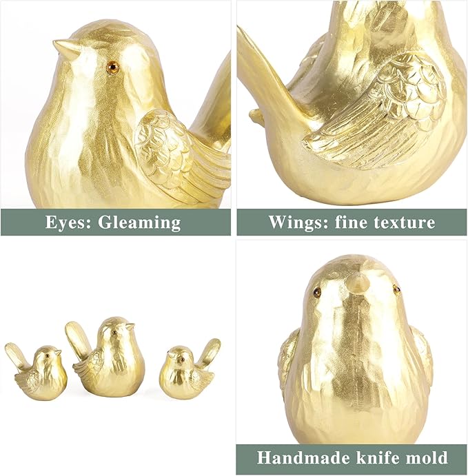 Small Bird Statue Home Decor - Gold Bird Figurines Decorative Ornaments for Living Room, Bedroom, Office Desktop, Cute Country Decor (Gold, 1B & 2S)