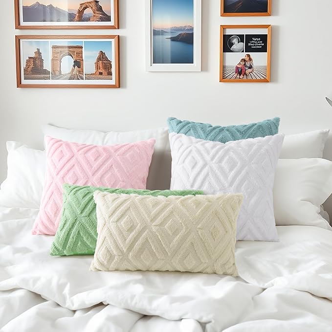 decorUhome Couch Throw Pillow Covers 12x20 Set of 2, Decorative Soft Plush Faux Wool Lumbar Neutral Accent Pillow Covers for Bed Sofa Living Room, Light Pink