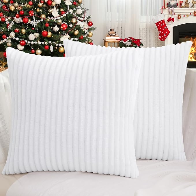 Simmore Decorative Fall Throw Pillow Covers 24x24 Set of 2, Soft Natural Plush Flannel Double-Sided Fluffy Couch Pillow Covers for Sofa Living Room, White