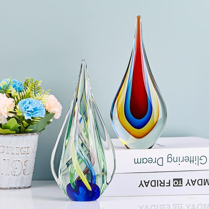 9" Tall Sculpture Hand Blown Glass Decor, Paperweight for Office Desk, Modern Glass Art Figurines Mediterranean Beach House Decor, Living Room Coffee Shelves Table Top Decoration (Aqua)