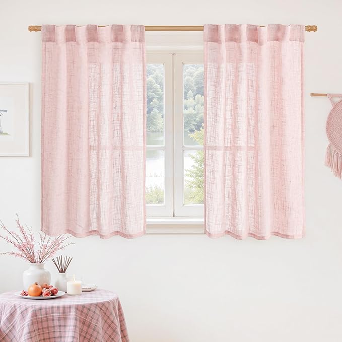 LAMIT 40 Inch Length Linen Curtains for Small Windows, Semi Sheer Light Filtering Panels Back Tab and Rod Pocket Neutral Drapes for Basement/Window/Kids Room, Pink, 2 Panels, 34 x 40 Inch