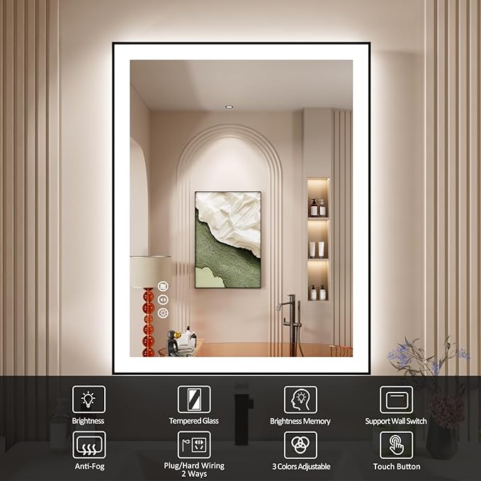 28x36 Inch LED Bathroom Mirror with Black Frame, Backlit and Front Lighted Bathroom Mirrors for Wall, Anti-Fog, Dimmable, Memory, Shatterproof, LED Vanity Mirror for Bathroom