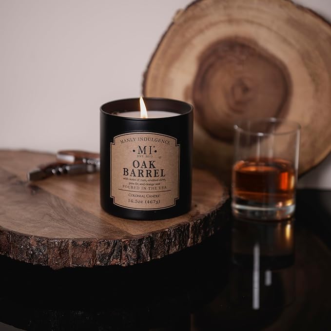 Manly Indulgence Oak Barrel Scented Candles for Men, 16.5 oz Single Wick, Premium Soy Blend Wax, 60H Burn, Candles for Home Scented – Made in The USA