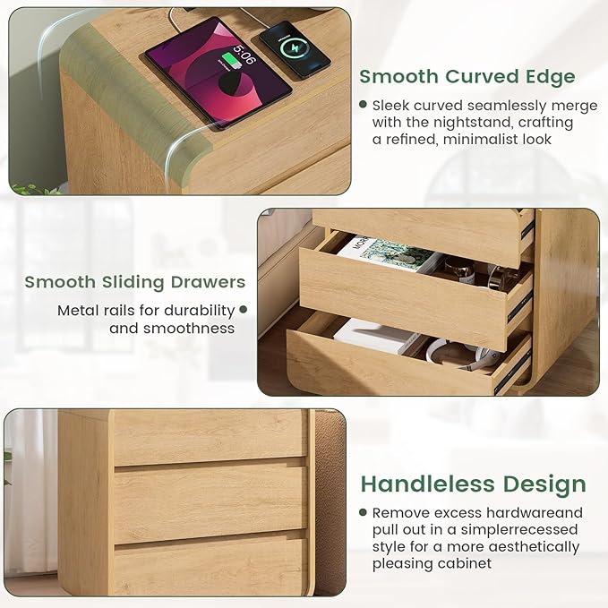 Modern Nightstand, 25" Tall Wood Bedside Table with Charging Station, 3 Drawers Dresser Side Table, Large End Table Night Stand for Bedroom, Office, Sofa, Curved Profile Design, Natural
