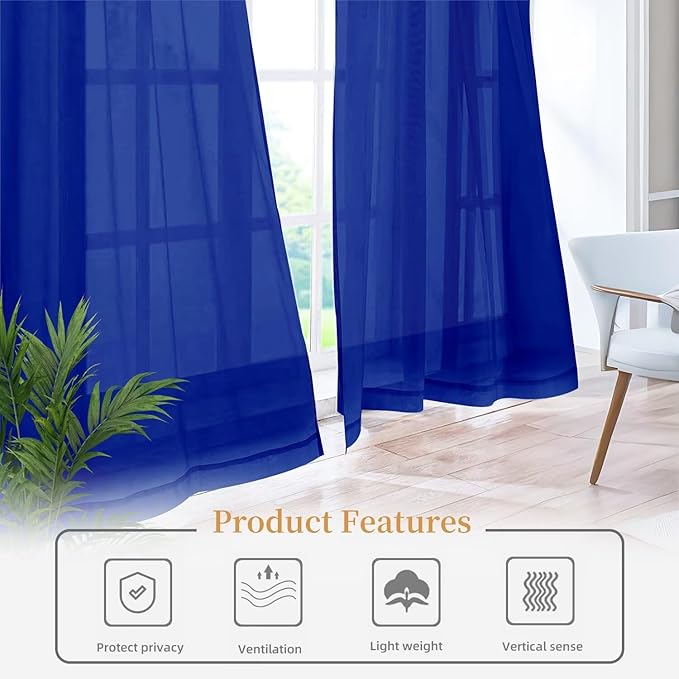 Sheer Curtains 54 Inches Long 2 Panels, Rod Pocket Short Curtain for Kitchen, Bedroom, Cafe Window(Blue Sapphire 38" W x 54" L)