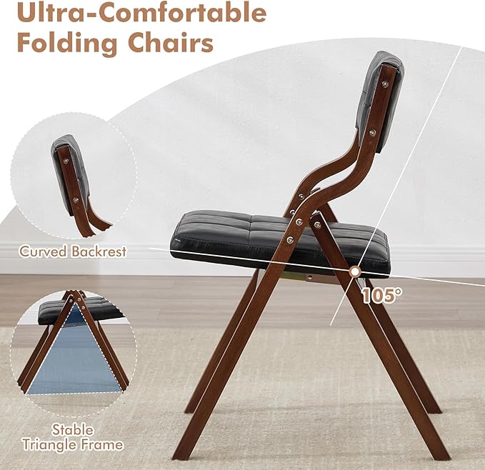 4-Pack Folding Dining Chairs with Cushion,Faux Leather Padded Foldable Dining Chairs,Portable Wooden Folding Chairs for Dining Rooms Kitchen Wedding and Party Indoor Black