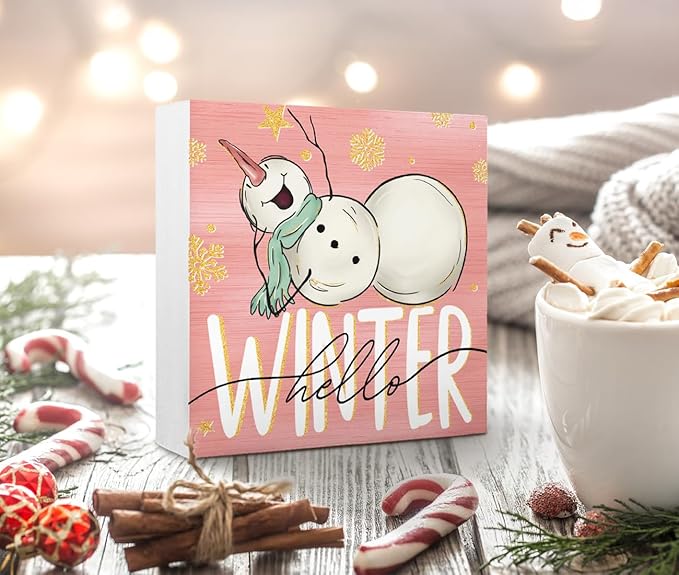 EIONEY Pink Snowman Christmas Decorations Wood Box Sign,Snowflake Hello Winter Wooden Block Signs Desk Accessories Decor,Seasonal Winter Holiday Decor for Home Farmhouse Bedroom Office,5x5 Inch