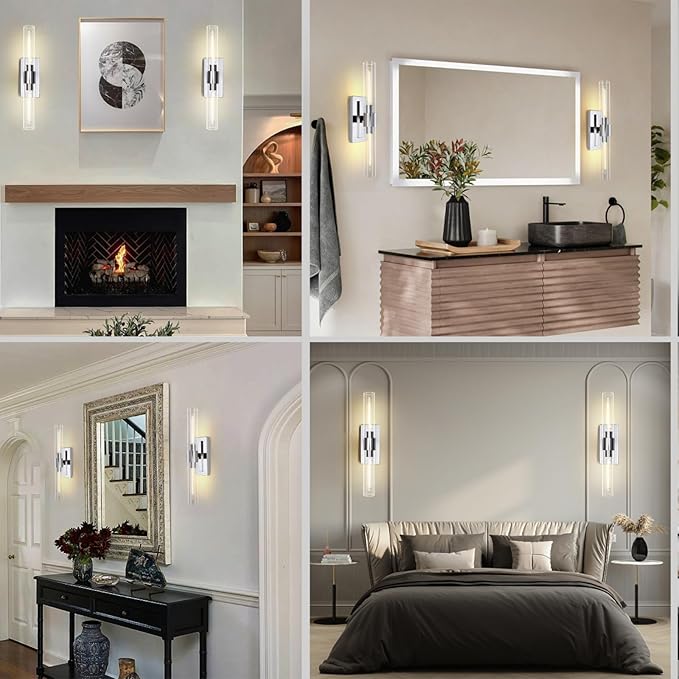Bathroom Vanity Light Fixtures, Glass Tube Wall Sconces Set of 2, Nickel coloured base, Bathroom Wall Lights, Bedroom Bedside Wall Light, Wall Lamp For Dressing Table, Living Room, And Hallway