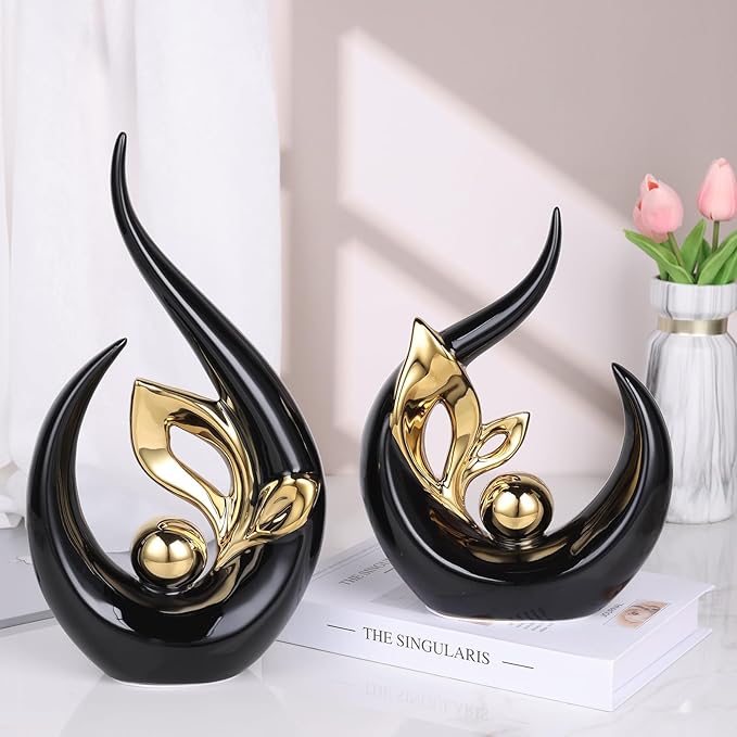 13" H Black Gold Abstract Sculptures Home Decor, Ceramic Art Statue Cool Stuff to Put on Shelves&tv Stand Decor, Gold Accent Entertainment Center, for Fireplace Coffee Table Dining Table Decorate