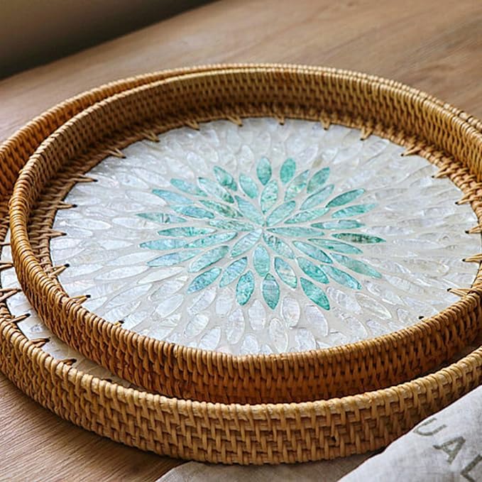 14" Large Rattan Serving Tray with Mother of Pearl, Round Coffee Table Tray Decor, Boho Decorative Hand-Woven Wicker Home Decor (Summer Green)