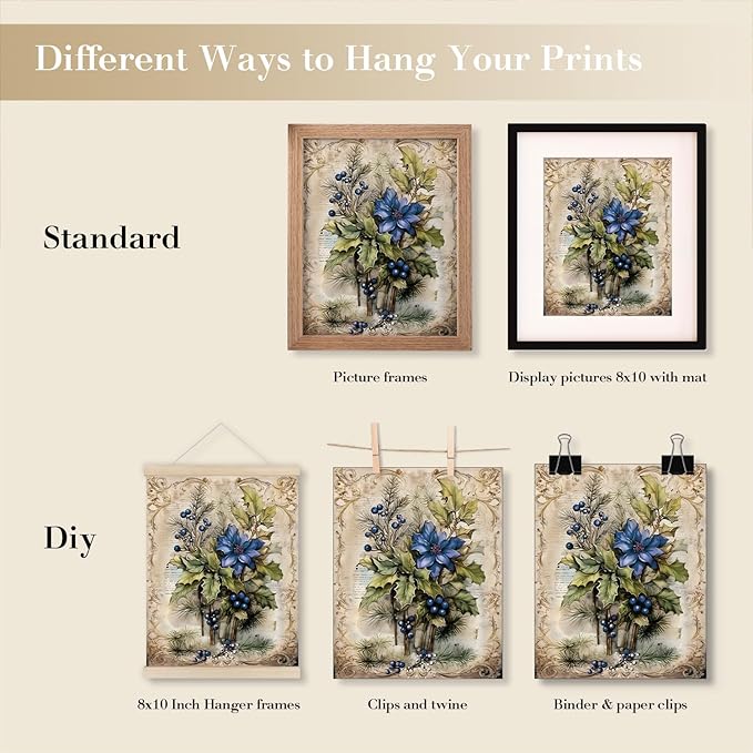 JXREQ Vintage Christmas Pictures Wall Decor Prints,Blue Christmas Wall Art Decorations for Home Kitchen Bedroom Bathroom Living Room Office,Santa Claus Xmas Tree Decor Prints Set of 4,8x10 Unframed