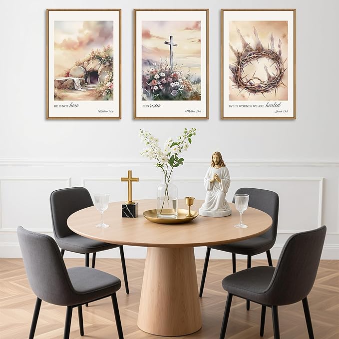 3 Pcs Christian Cross Framed Wall Art Set, Jesus Empty Tomb Canvas Decor, Christian Religious Bible Painting, Jesus Crucifixion Risen Easter Print for Living Room, Bedroom, Church 16X24inch