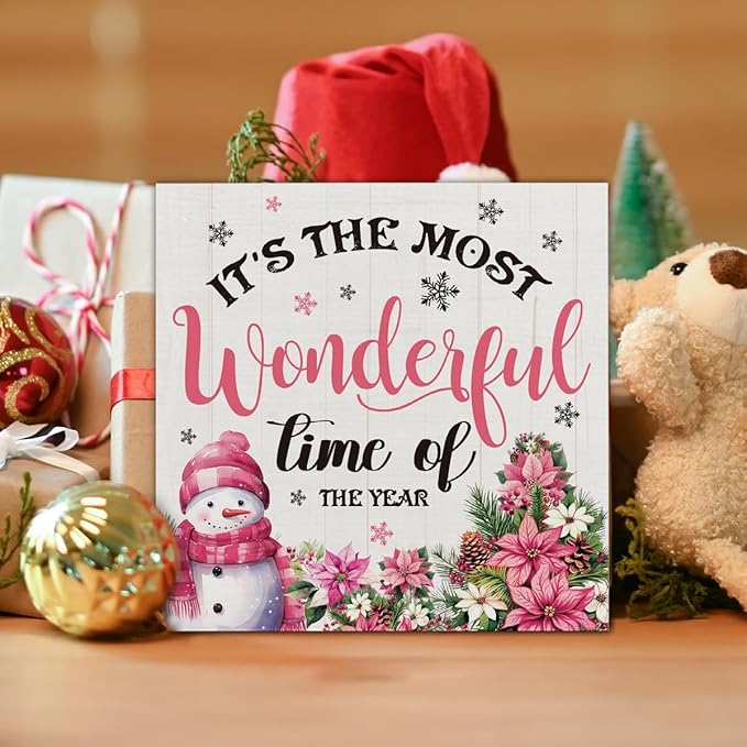 Indoor Christmas Decorations, It's the Most Wonderful Time of the Year Wooden Sign, Snowman Wooden Block Sign, Farmhouse Christmas Decor for Table Shelf 5 x 5 Inch