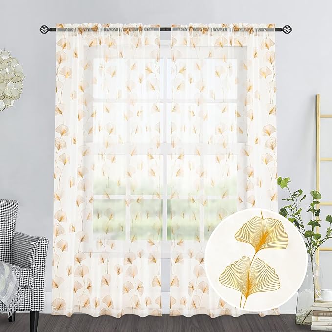 Gold Foil Print Sheer Curtains 63 inches Long, 2 Panels Ginkgo Bronzing Treatment Sheer Curtain, Rod Pocket Window Treatment Panels for Bedroom Living Room