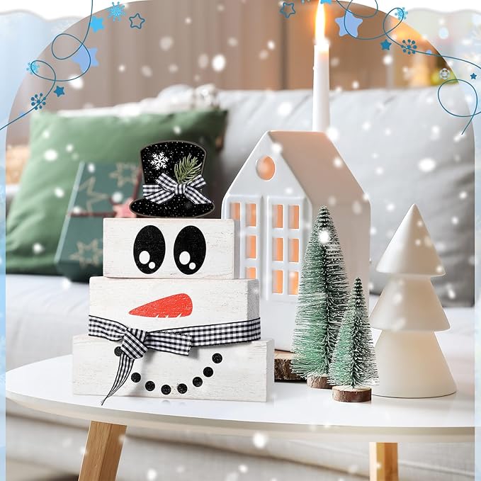 4 Pcs Snowman Christmas Decor Winter Table Decoration Christmas Tiered Tray Decor Rustic Snowman Face Wood Block Sign Gift Winter Centerpiece Farmhouse for Home Tabletop Office Kitchen