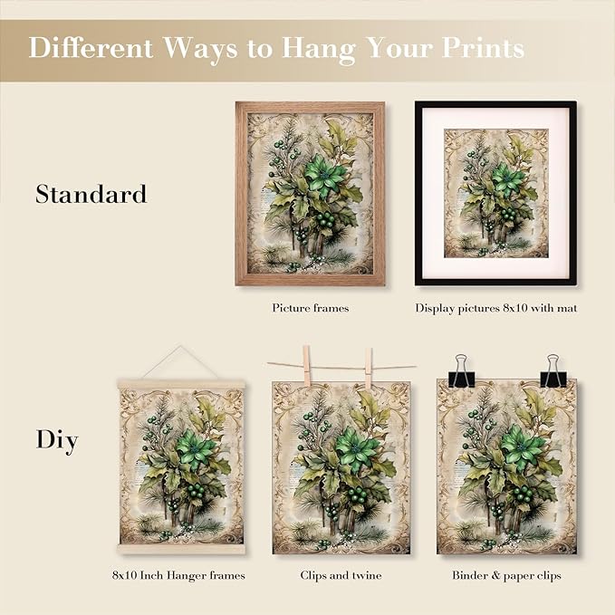 JXREQ Vintage Christmas Pictures Wall Decor Prints,Green Christmas Wall Art Decorations for Home Kitchen Bedroom Bathroom Living Room Office,Santa Claus Xmas Tree Decor Prints Set of 4,8x10 Unframed