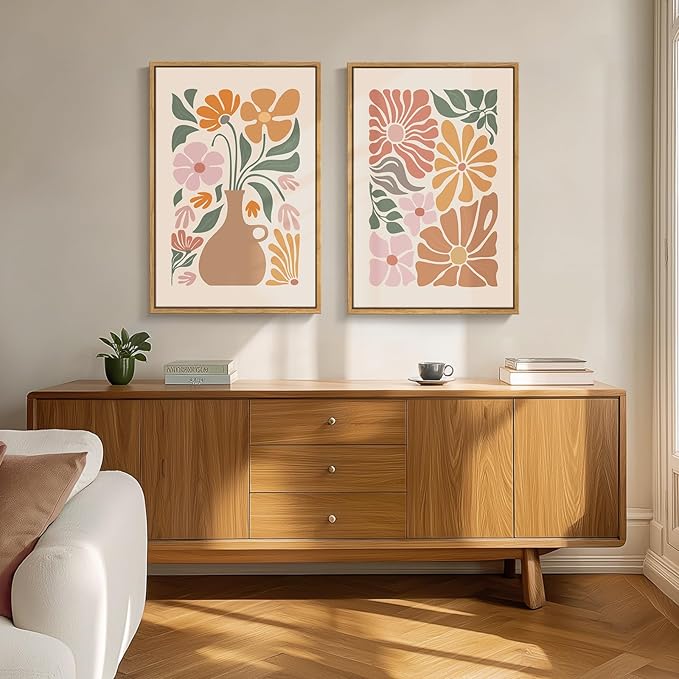 Framed Boho Neutral Floral Wall Art for Room Decor, Set of 2 Botanical Flower Artwork for Walls, Bohemian Modern Canvas Paintings Prints for Living Room Bedroom Office Kitchen Wall Decor, 20x30 Inch