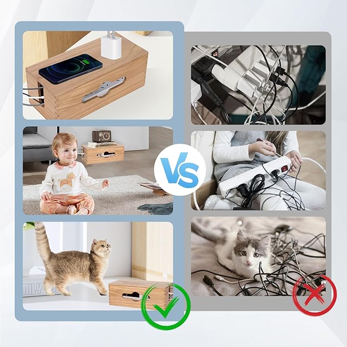 3PCS Wooden Cable Management Box Kit Wooden Cable Hider Storage Box Cord Organizer to Hide Cords & Wires for Desk Organization Protector Box for Home Office Kitchen Desk TV Computer Wires (S + M + L)