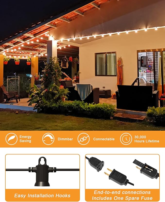 Outdoor String Lights, 150FT Patio Lights with 75 Shatterproof G40 Globe Bulb(3 Spare), Waterproof Connectable Dimmable LED Hanging String Lights for Outside Backyard Porch Balcony(2x75FT)