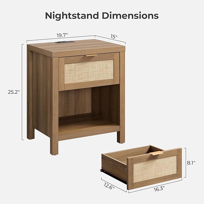 SICOTAS Rattan Nightstand - Farmhouse Night Stand with Drawer and Storage Shelf - Boho Bedside Table - End Side Table for Bedroom,Oak