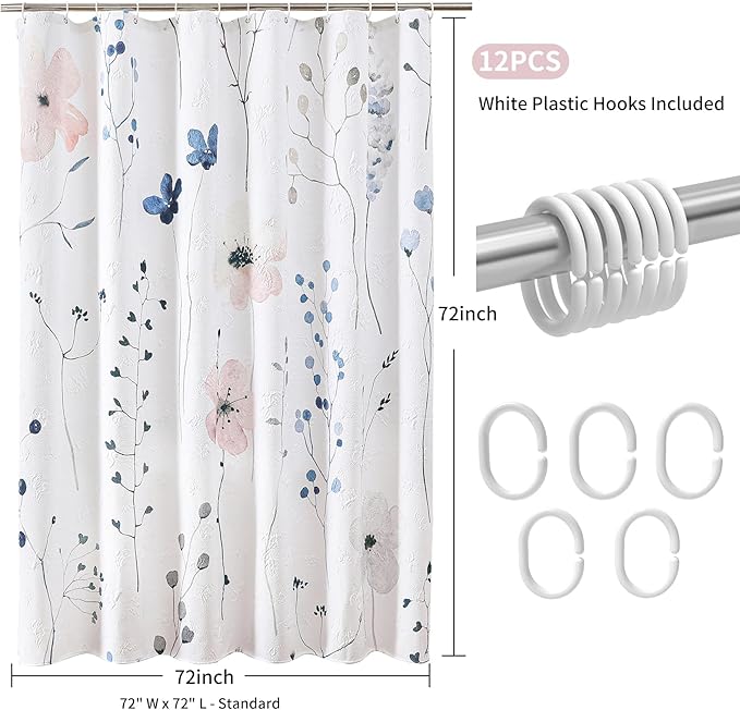 QiyI Watercolor Floral Shower Curtain, 3D Embossed Butterflies Pink Blue Bathroom Curtain, Minimalist Farmhouse White Bath Curtain, Waterproof Fabric Flower Shower Curtain Set with Hooks, 72x72