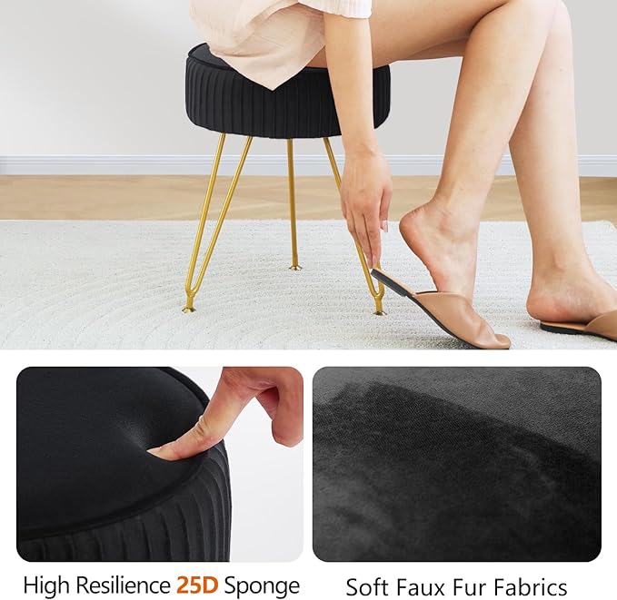 Velvet Vanity Stool Chair, Round Makeup Vanity Chair with Adjustable Metal Legs & Soft Padded Seat, Ottoman Foot Stool for Bedroom, Living Room, Entryway, Black