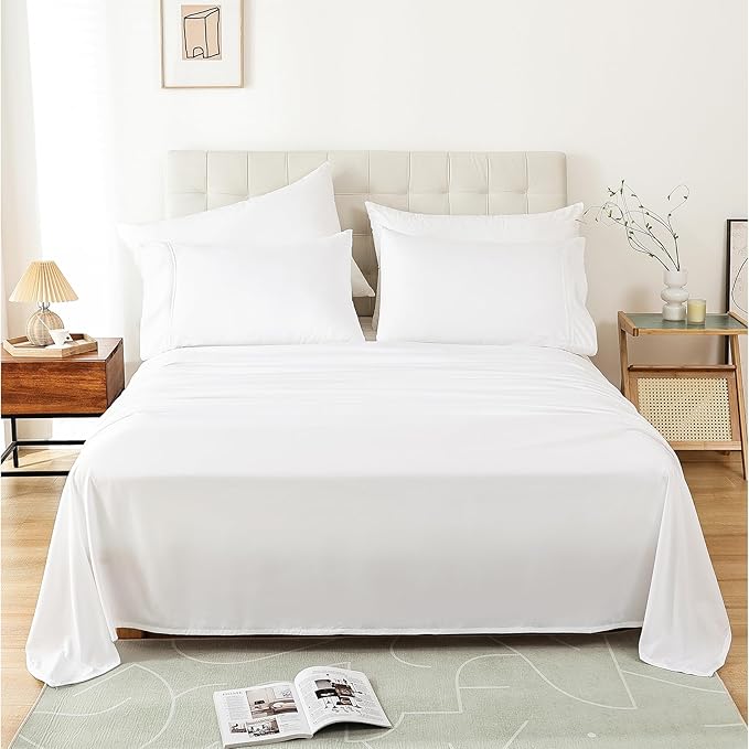 Queen Sheet Set White, Super Soft Microfiber Bed Sheets Queen Size Extra Deep Pocket, Hotel Cooling Bedding Sets, Wrinkle Free Oeko-Tex, 4 Piece