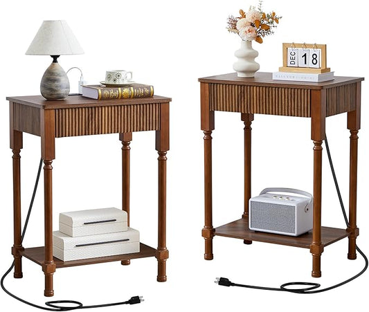 23.6” Large End Table with Charging Station, Set of 2, Modern Farmhouse Side Table Sofa Tables with Fluted Drawer, Wooden Bedside Table Night Stand for Bedroom Living Room Home Office, Walnut