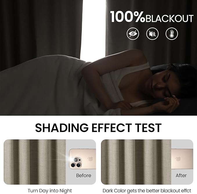 100% Blackout Curtains 96 inches Length Linen Blend Bedroom Curtains, Rod Pocket Back Tab Black Out Window Curtain Set Living Room Curtains, Full Blackout Curtains 2 Panels Drape, Linen