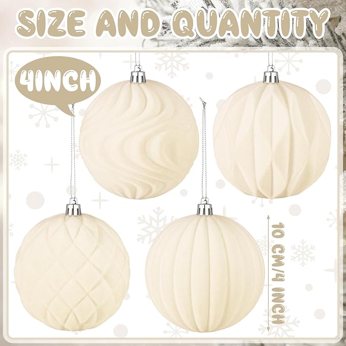 4 Pcs 4 Inch Large Velvet Christmas Ball Ornaments Vintage Christmas Plastic Ball Ornaments Flocked Tree Hanging Decoration for Xmas Party Wedding Home Decor(Beige)