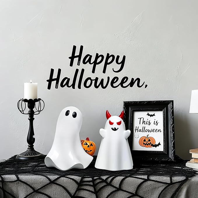 2 pcs Ghost Figurines Halloween Indoor Decoration, White Cute Ghost Halloween Table Decor Tiered Tray Decorations,Funny Devil&Pumpkin Ghost Figurine Resin Statue Centerpieces