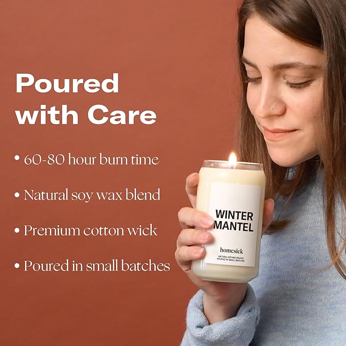 Homesick Scented Candles for Home (Winter Mantel) - 13.75 oz Long-Lasting Soy Wax Blend Jar Candle Gifts for Women & Men for All Occasions, 60-80 Hours Burn Time - Notes of Fraser Fir & Holly Berry