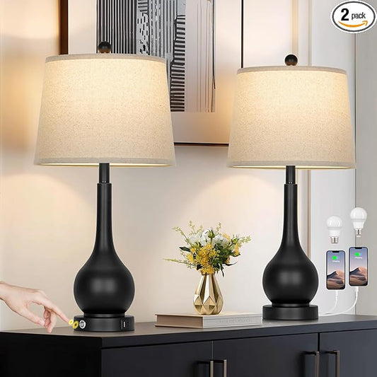 26" Black Table Lamps Set of 2 for Living Room, Touch Control Bedside Lamp for Bedroom, 3-Way Dimmable Nightstand Lamp with USB A+C Port (2 LED Bulbs Included)