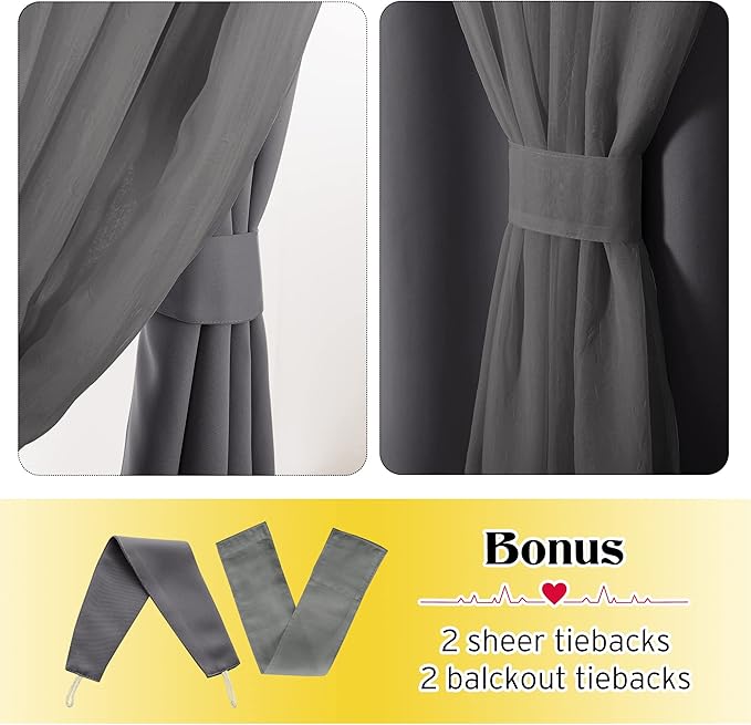 NICETOWN 84 inches Long Grommet Top Mix and Match Curtain Set, Crushed Sheer & Thermal Insulated Blackout Drapes with Tiebacks for Living Room, 52 Wide, Grey, 2 Layers Per Panel, Sold as 2 Panels
