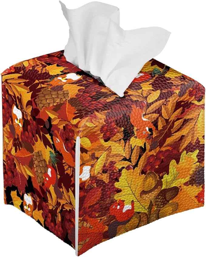 Maple Leaves Tissue Box Cover Square Pu Leather Tissue Box Holder for Napkin Facial Paper Organizer with Buttons Thanksgiving Squirrel Modern Home Decorative for Bedroom/Bathroom