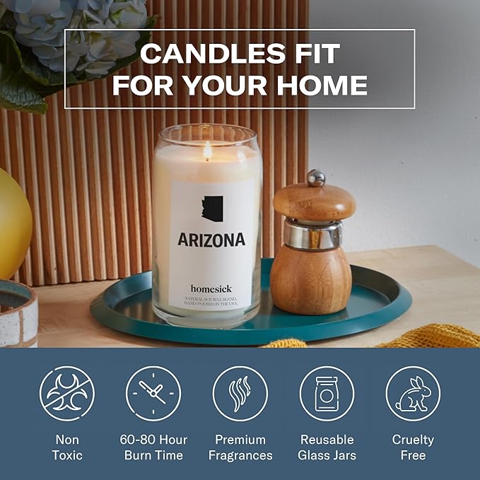 Homesick Scented Candles for Home (Arizona) - 13.75 oz Long-Lasting Soy Wax Jar Candle for Women & Men for All Occasions, 60-80 Hours Burn Time - Notes of Musk, Orange & Lime